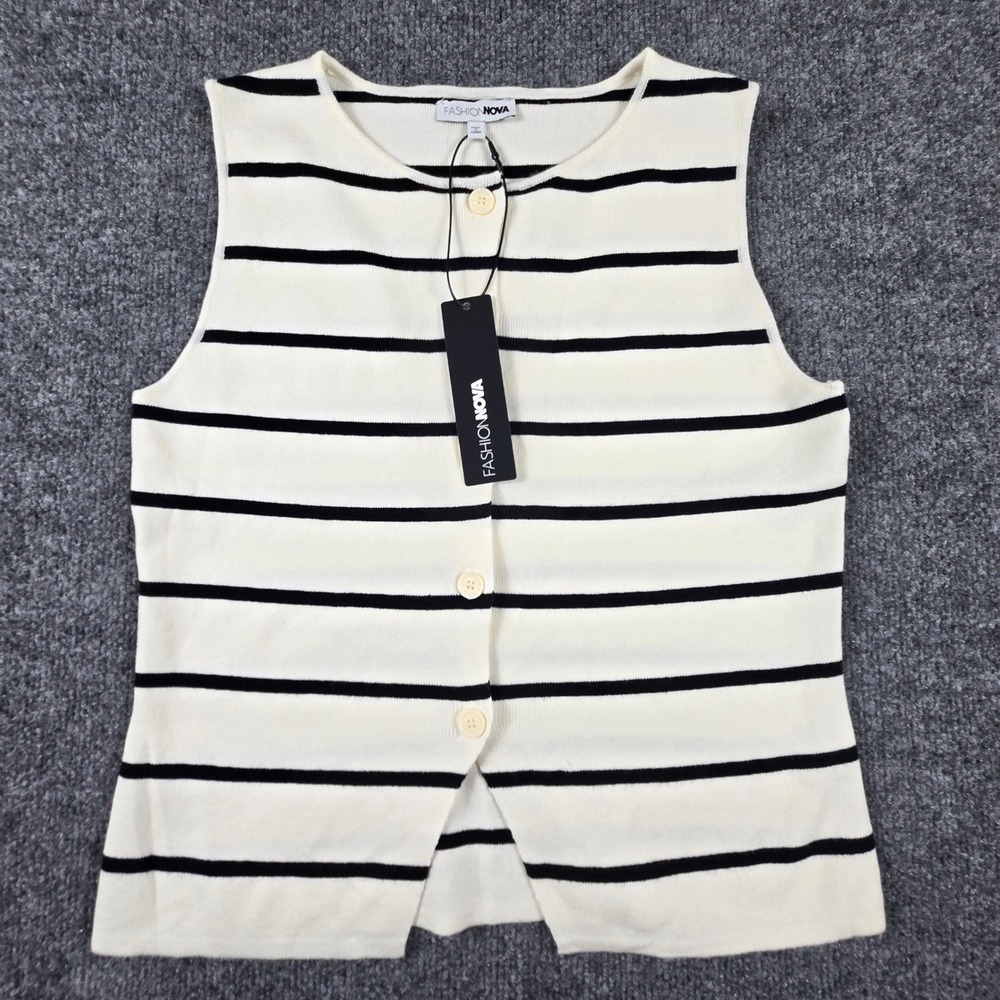 Fashion Nova Karson Striped Sweater Vest Womens L White Black Button Knit